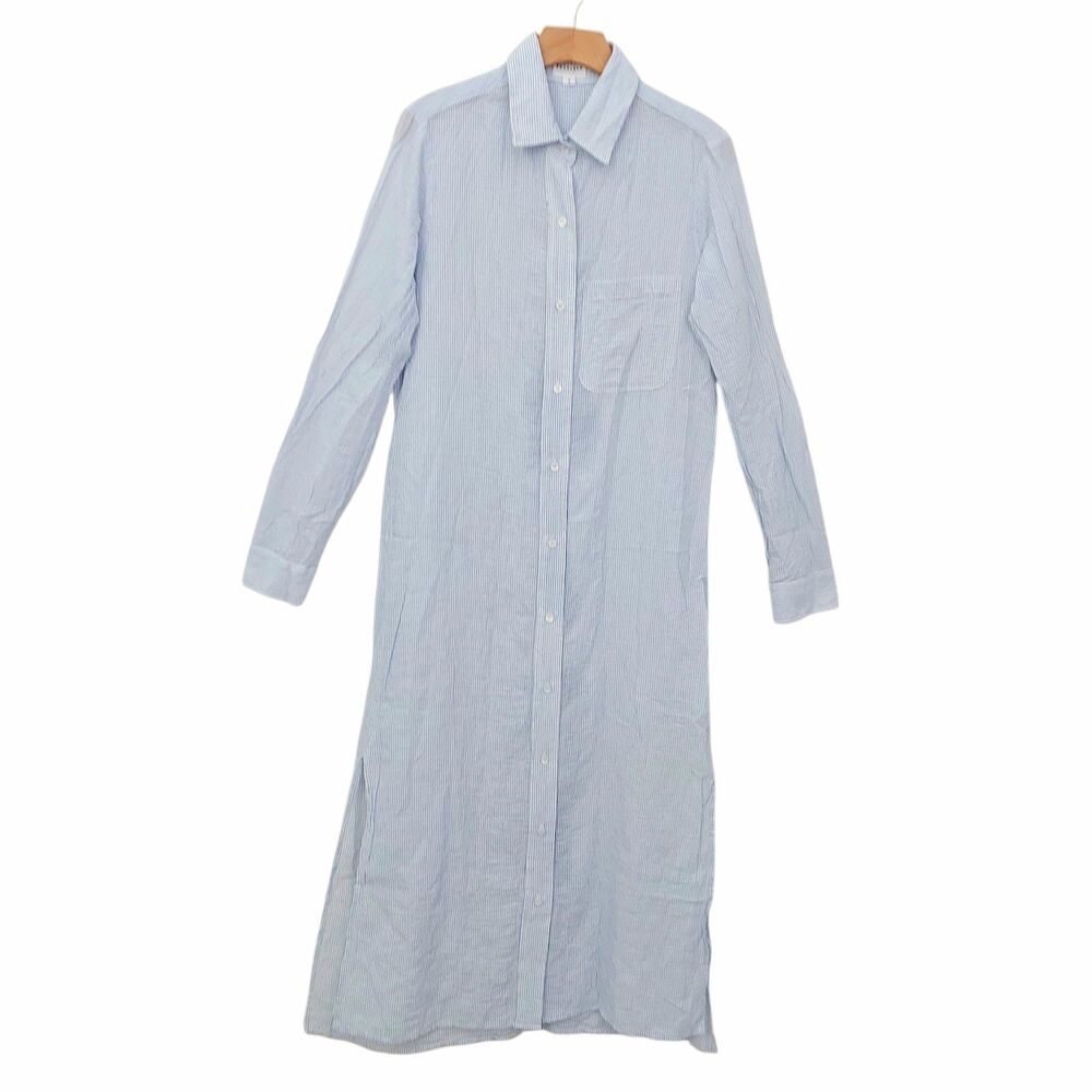Felicite Maxi Shirtdress Womens 2 Blue Seersucker Stripe Cotton Blend Soft Gauze